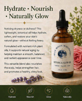 Bottle of Blue Moon Whiskeys Botanical Glow Oil with text about its benefits on a wooden surface.