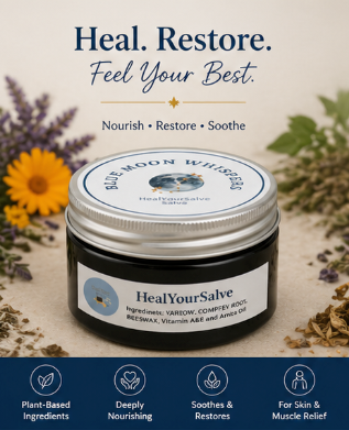 Heal Your Salve jar with natural ingredients and text promoting health and wellness.