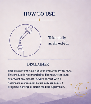 Instructions on how to use a product with a dropper and bottle, accompanied by a disclaimer.