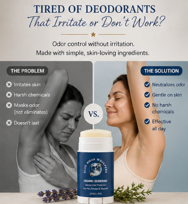Advertisement for a deodorant product with a woman and man, highlighting its benefits.