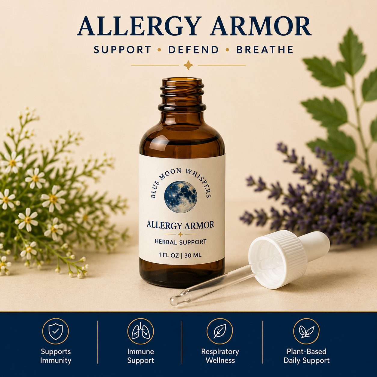 Blue Moon Whispers Allergy Armor herbal wellness tincture for seasonal support