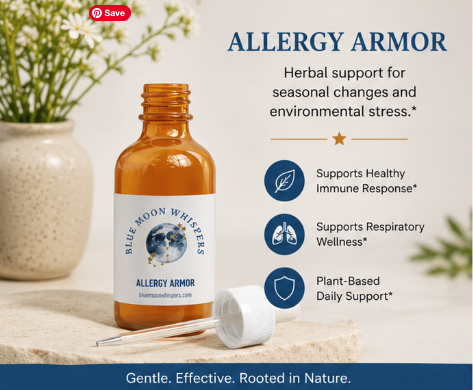 Bottle of Blue Moon Whispers Allergy Armor with product details on a neutral background