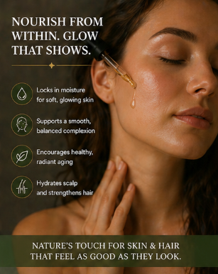 Woman applying skincare product with text about skin and hair care benefits.