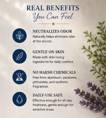 Product benefits listed with icons and text on a light background with lavender flowers.