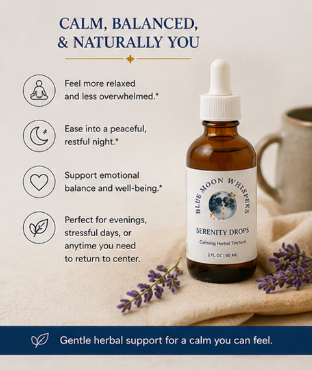 Bottle of Blue Moon Whispers Serenity Drops with lavender flowers on a wooden surface.