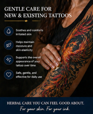 Tattoo care product advertisement with a phoenix tattoo on a dark background