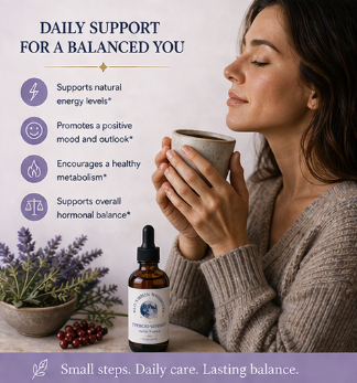 Woman holding a mug with a bottle of supplement on a table, surrounded by plants and berries.