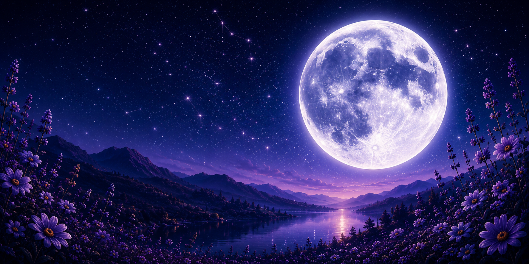 Majestic moon over a mountain landscape with flowers and a lake