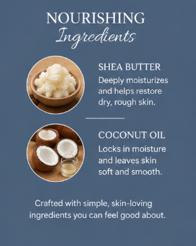 Product label with shea butter and coconut oil on a blue background