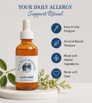 Bottle of Blue Moon Whispers Allergy Armor with features listed on a light background