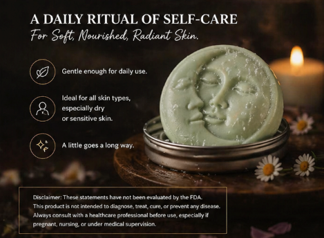 Green soap bar with face design on a wooden stand, surrounded by flowers and a candle, with text about self-care and product details.