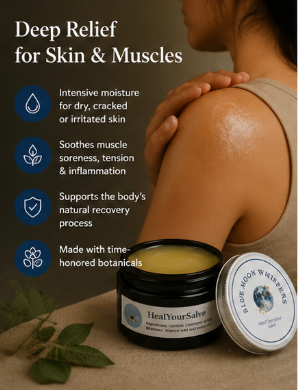 Product packaging with text about deep relief for skin and muscles, featuring a jar and a bottle on a textured surface.