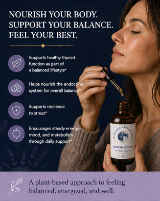 Woman holding a dropper bottle with text about supporting health and balance.