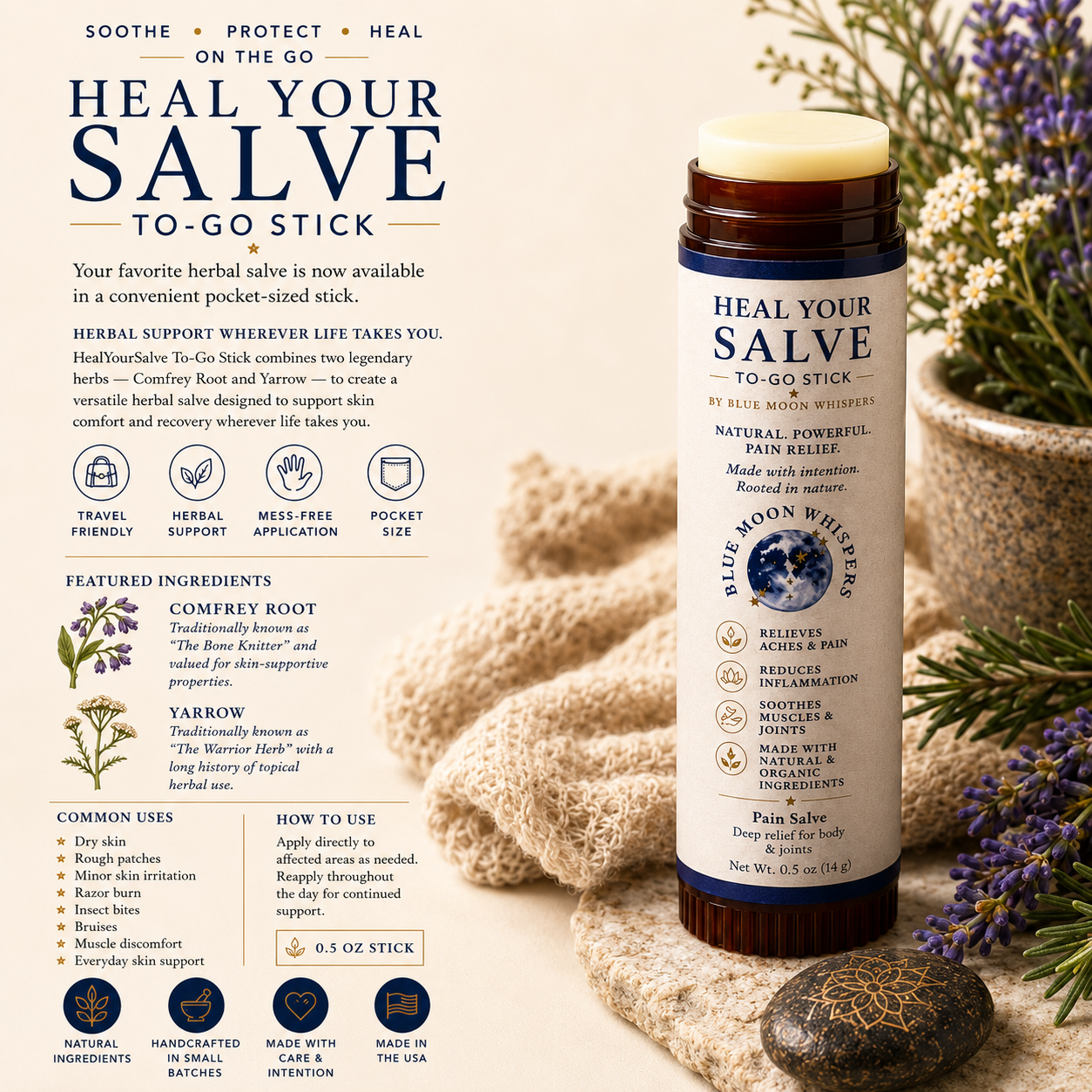 Blue Moon Whispers Heal Your Salve To-Go Stick herbal skin relief salve for dry skin