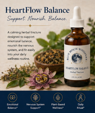 HeartFlow Balance herbal tincture bottle with packaging and ingredients on a wooden surface.