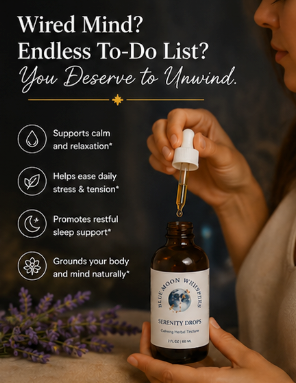 Bottle of 'Serenity Drops' with a dropper, surrounded by lavender flowers, on a dark background.