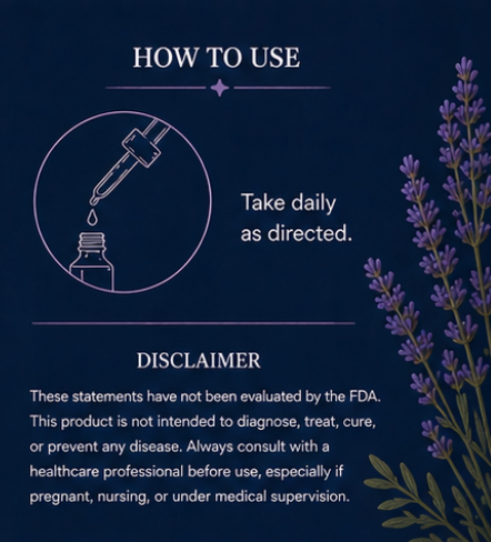 Instructions on how to use a product with a dropper and lavender plant on a dark background.