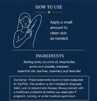 Instructions on how to use a skincare product with an illustration of a person applying it, ingredients list, and FDA disclaimer.