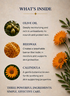 Product ingredients list with olive oil, beeswax, and calendula on a textured background.