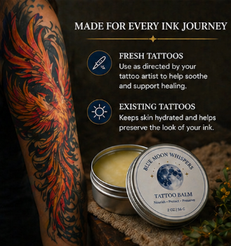 Tattoo balm with a tattooed arm and text about its use for fresh and existing tattoos.