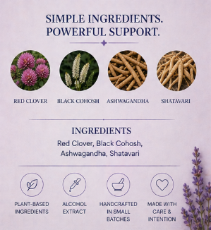 Product packaging with herbal ingredients and their benefits on a light purple background.