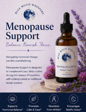 Menopause support product with dropper bottle and lavender flowers on a purple background