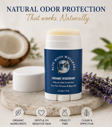 Blue Moon Whispers organic deodorant stick with coconut, lavender, and marble background