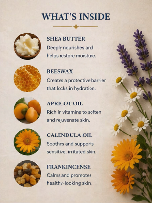 Product ingredients list with images and text on a beige background