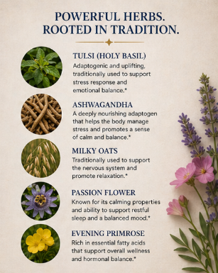 Herbal infographic with images and descriptions of Tulsi, Ashwagandha, Milky Oats, Passion Flower, and Evening Primrose.