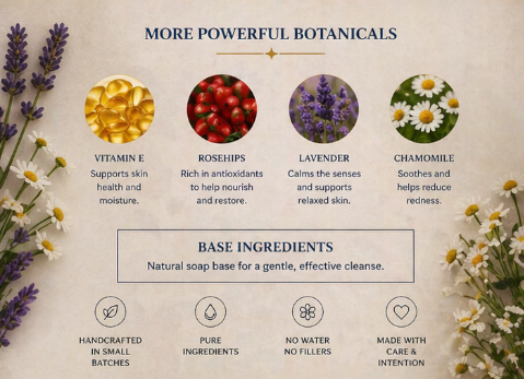 Product label with botanical ingredients and their benefits on a beige background.
