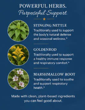Promotional graphic for herbs with images and text on a blue background