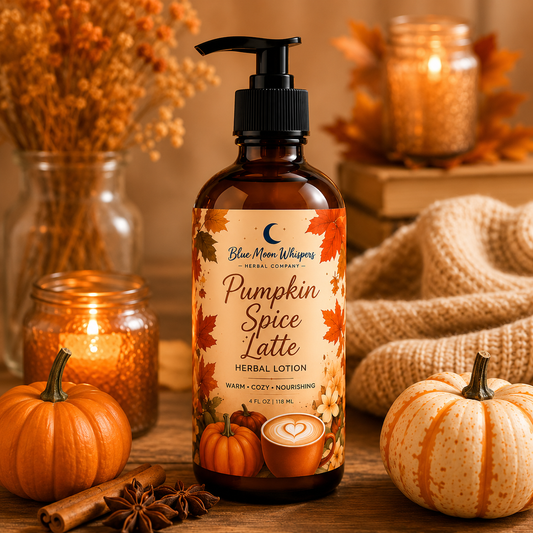 Bottle of Pumpkin Spice Latte herbal lotion with autumn-themed design on a wooden surface with pumpkins and candles.
Blue Moon Whispers Pumpkin Spice Latte Lotion hydrating body lotion for soft moisturized skin
