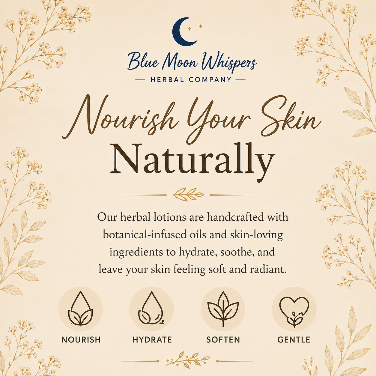 Advertisement for Blue Moon Whispers Herbal Company with text about nourishing skin naturally using herbal lotions.