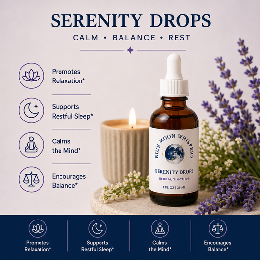 Blue Moon Whispers Serenity Drops calming herbal tincture for relaxation and balance
