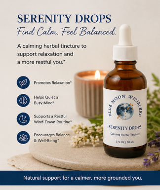 Serenity Drops bottle with product description and benefits on a neutral background