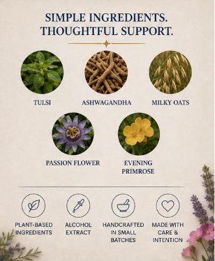 Product label with natural ingredients and supporting text on a beige background