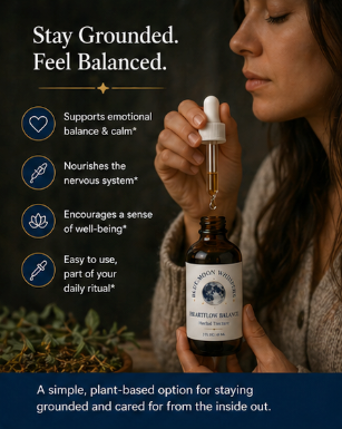 Woman holding a bottle of natural remedy with text about emotional balance, nervous system support, and well-being.