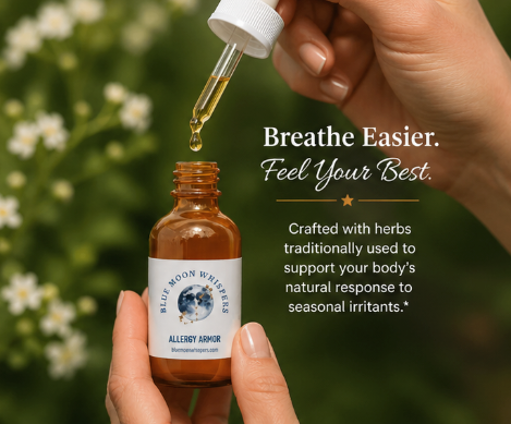 Bottle of Allergy Armor with a dropper over a natural background