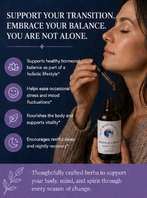 Woman holding a bottle of a natural supplement with text about supporting hormonal balance and overall well-being.