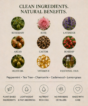 List of natural ingredients with corresponding images and benefits on a beige background