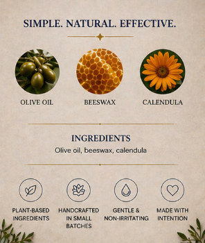Product label with olive oil, beeswax, and calendula ingredients on a beige background.