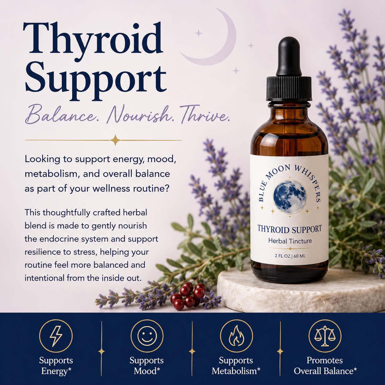 Blue Moon Whispers Thyroid Support herbal tincture for thyroid wellness
