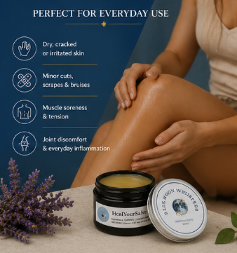 Product packaging with a jar and container labeled 'Heal Your Selves' on a textured surface with lavender flowers.