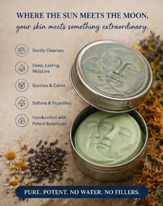 Open tin of green soap with branding, surrounded by natural elements and product benefits listed.