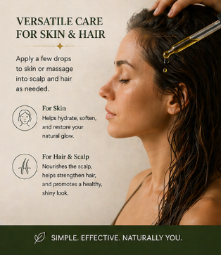 Woman with wet hair being styled, with text about versatile care for skin and hair.