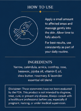 Instructions on how to use a skincare product with text and hand illustration.