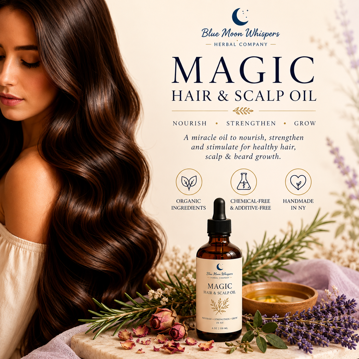 Blue Moon Whispers Magic Hair and Scalp Oil botanical hair oil for healthy hair growth and scalp care